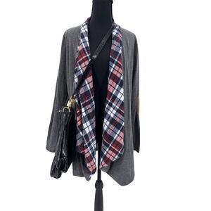 Veveret open frtont waterfall cardigan Sweater buffalo plaid gray quiet luxury S